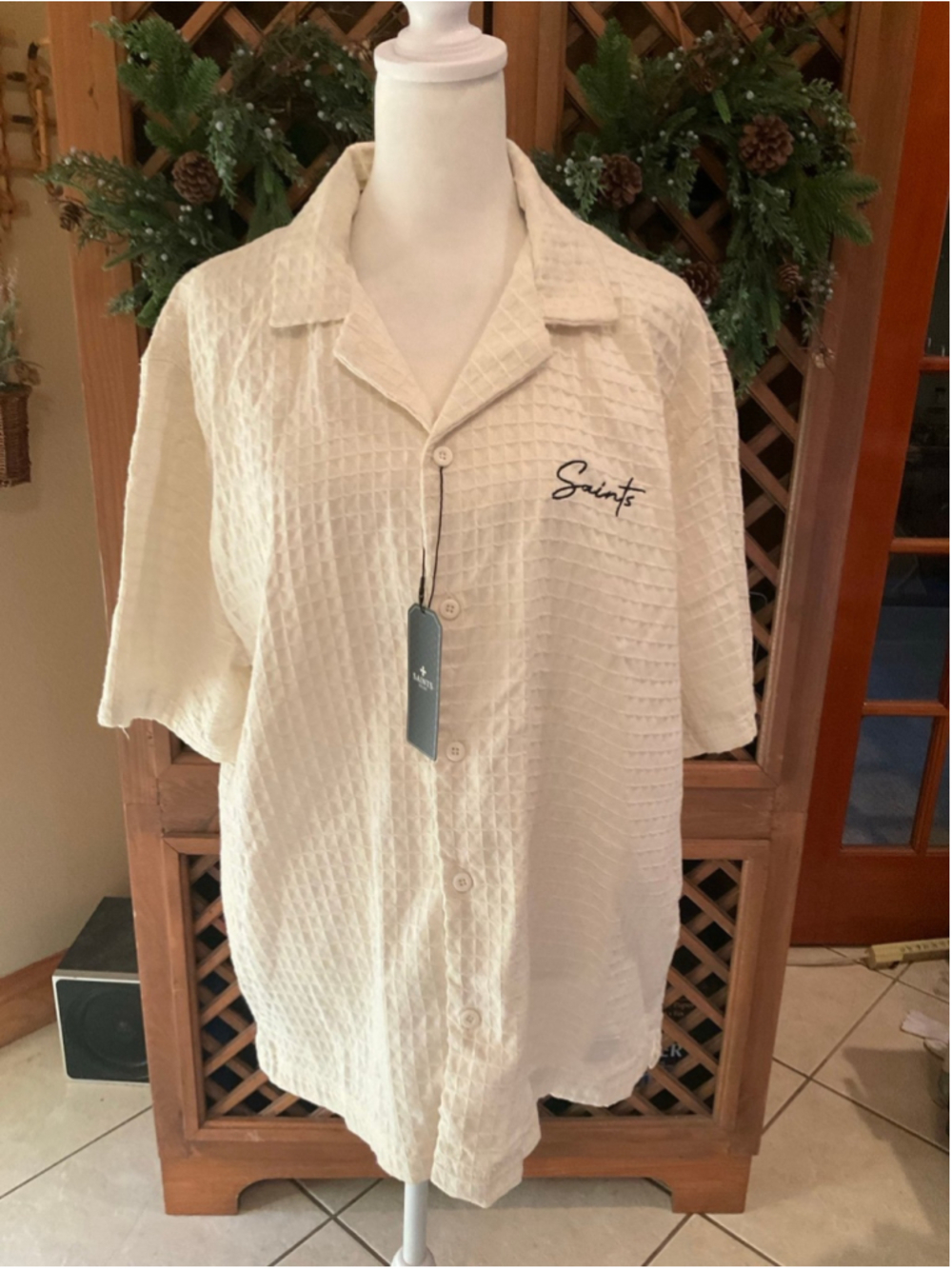 NWT Saints Textured Waffle Camp Collar Button Up Shirt XL